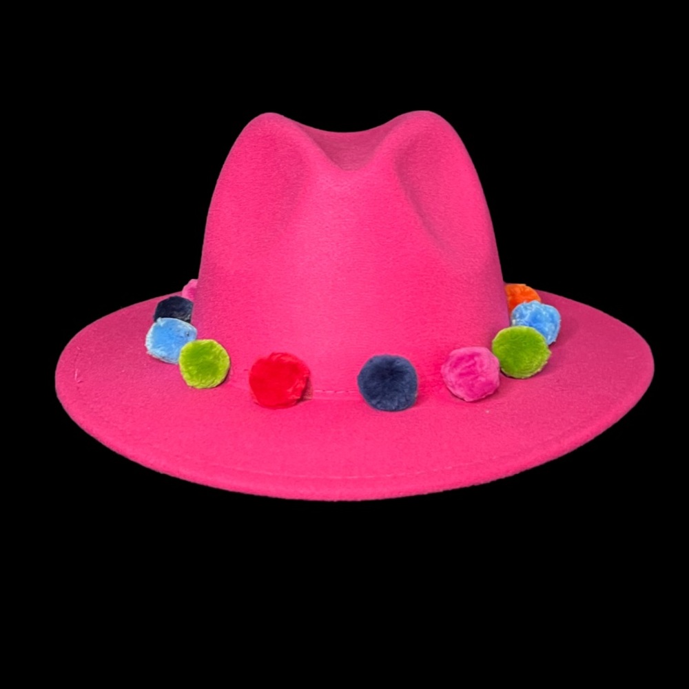 Pink hat with multi colored balls around the rim